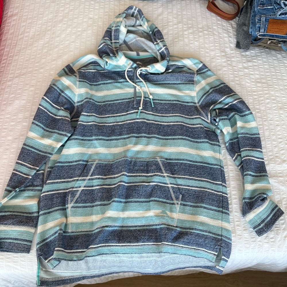 Tommy Bahama Blue and Green Striped Hoodie Shirt